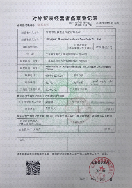 중국 Dongguan Guanlian Hardware Auto Parts Co., Ltd. 인증